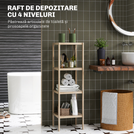  Dulap de Baie Modern cu 4 Rafturi Anti-Rasturnare, Dulap de Baie din Bambus si Lemn, 33x31x110 cm, Lemn Natural [3]