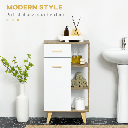  Dulap de baie modern cu dulap, sertar si rafturi din lemn, dulap multifunctional cu baza inaltata, 50x30x89cm, alb [3]