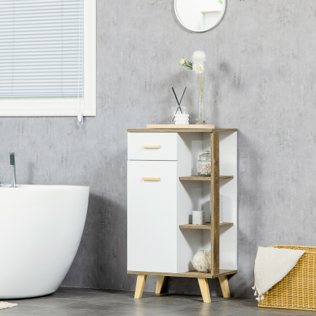  Dulap de baie modern cu dulap, sertar si rafturi din lemn, dulap multifunctional cu baza inaltata, 50x30x89cm, alb [6]