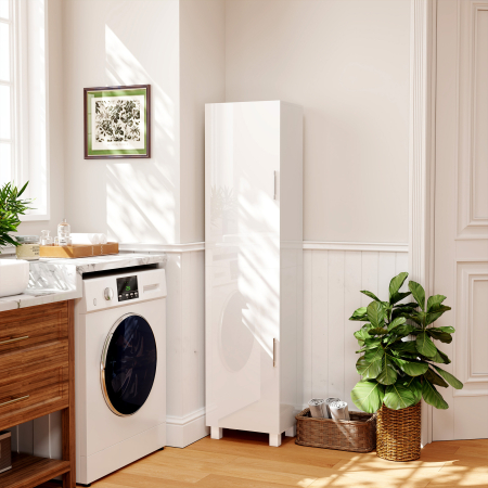  Dulap de Baie Modern, Dulap inalt de Baie cu Doua Usi si Rafturi Reglabile din Lemn, 40x30x167,5 cm, Alb Lucios [1]