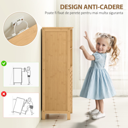  Dulap de Baie Salvaspazio din Lemn cu Dulap, 2 Usi si 2 Rafturi Deschise, 50x29x92 cm [6]