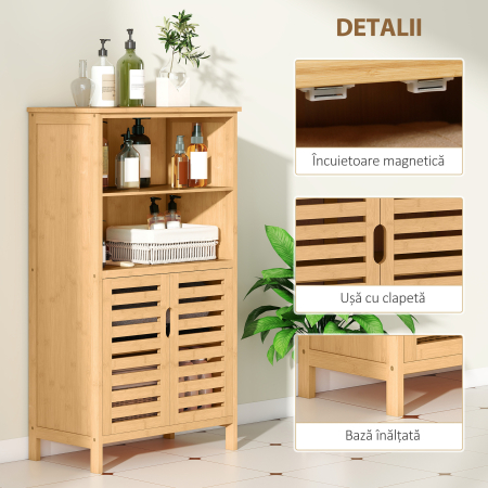  Dulap de Baie Salvaspazio din Lemn cu Dulap, 2 Usi si 2 Rafturi Deschise, 50x29x92 cm [5]