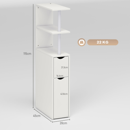  Dulap de Baie Slim cu Sertare si Rafturi, Dulap Economisitor de Spatiu cu Sertar pe Roti, Coloana de Baie pentru Living sau Birou, 20x45x115 cm, Alb [2]