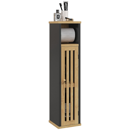 Mobilier pentru baie -  Dulap de Baie Subtire din Bambus, Dulap de Depozitare cu Bara Detasabila, Raft Reglabil si Usa, 18x18x75 cm, Negru