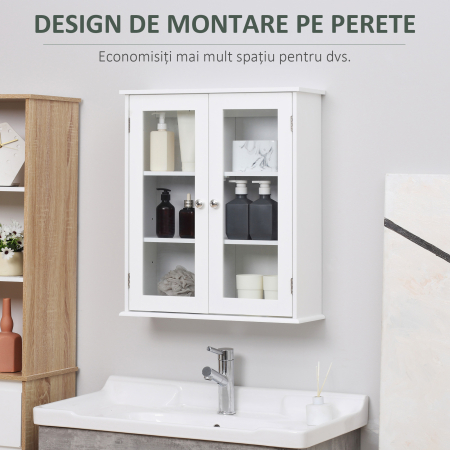  Dulap de Baie Suspendat cu 2 Usi din Lemn si Sticla, Dulap de Perete Multifunctional, 55x20x65 cm, Alb [6]