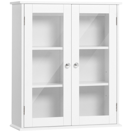 Mobilier pentru baie -  Dulap de Baie Suspendat cu 2 Usi din Lemn si Sticla, Dulap de Perete Multifunctional, 55x20x65 cm, Alb