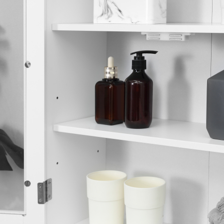  Dulap de Baie Suspendat cu 2 Usi din Lemn si Sticla, Dulap de Perete Multifunctional, 55x20x65 cm, Alb [8]