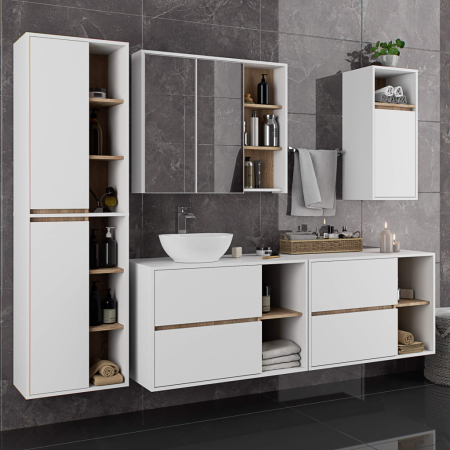 Dulap baie suspendat 2 usi si 6 rafturi, PAL laminat 16 mm, margini ABS, fronturi mate, 50x30x170 cm, alb stejar [3]