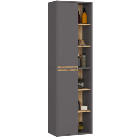 Mobilier pentru baie - Dulap de baie suspendat cu 2 usi si 6 rafturi, PAL 16 mm, 50x30x170 cm, gri si stejar artisan