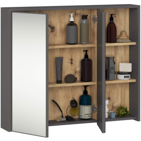 Dulap de baie suspendat cu oglinda, 2 usi si 3 rafturi interioare, PAL 16 mm, 90x15x75 cm, gri si stejar artisan [1]