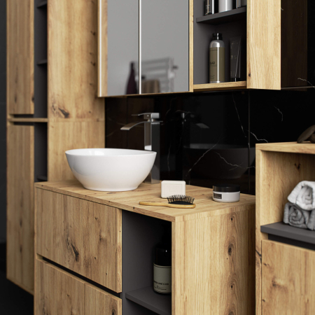 Dulap de baie suspendat cu oglinda, 2 usi si 3 rafturi interioare, PAL 16 mm, 90x15x75 cm, stejar artisan si gri [7]