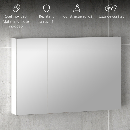  Dulap de Baie Suspendat cu Oglinda cu 3 Usi, Alb [6]