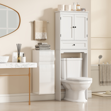  Dulap de Baie Suspendat cu Sertar si Usa Lucioasa, Raft Reglabil din Sticla Securizata, 30x34x79,4 cm, Alb Lucios [7]