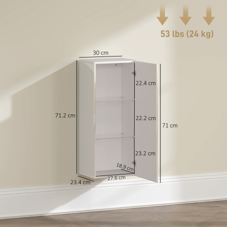  Dulap de Baie Suspendat cu Usa Fara Maner, 2 Rafturi Reglabile din Sticla, Mobilier Suspendat Multifunctional, 30x23,4x71,2 cm, Alb Lucios [2]