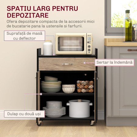  Dulap de Bucatarie cu Sertar, Dulap si 4 Roti din Lemn, 60x40x77 cm, Negru [3]