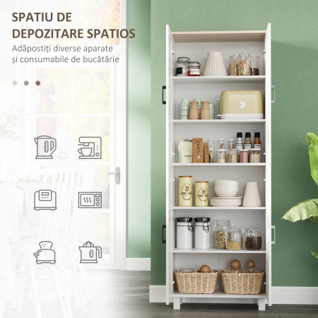  Dulap de Bucatarie din Lemn cu 5 Rafturi Reglabile si 4 Usi, 60x30x170.5 cm, Alb si culoare Lemn [3]
