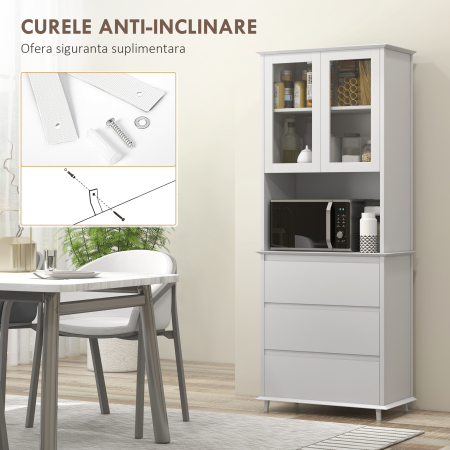  Dulap de Bucatarie inalt cu Dulap Superior pe 2 Niveluri si 3 Sertare, din MDF, 68x38x172 cm, Alb [6]