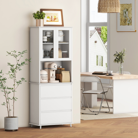  Dulap de Bucatarie inalt cu Dulap Superior pe 2 Niveluri si 3 Sertare, din MDF, 68x38x172 cm, Alb [7]