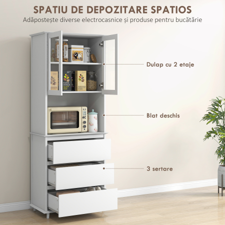  Dulap de Bucatarie inalt cu Dulap Superior pe 2 Niveluri si 3 Sertare, din MDF, 68x38x172 cm, Alb [3]