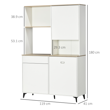  Dulap de bucatarie independent, dulap de depozitare modern, dulap pentru microunde cu usi si rafturi reglabile, 180 cm, alb [2]