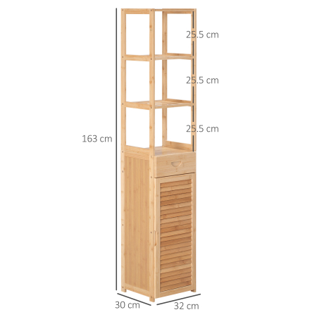  Dulap de depozitare pentru baie cu sertar si rafturi cu sipci, inalt, subtire, prosop de lenjerie de sine statator cu usa cu persiana, natural [2]