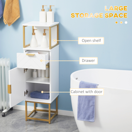  Dulap de Depozitare pentru Baie, Organizator de Baie pe Podea, Dulap de Lenjerie cu raft Deschis, Sertar si Dulap, Alb [3]