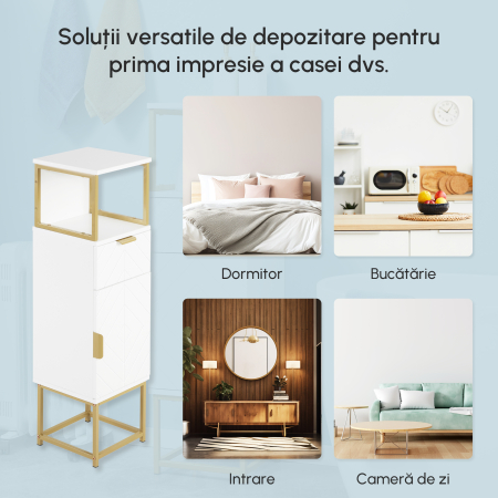  Dulap de Depozitare pentru Baie, Organizator de Baie pe Podea, Dulap de Lenjerie cu raft Deschis, Sertar si Dulap, Alb [6]