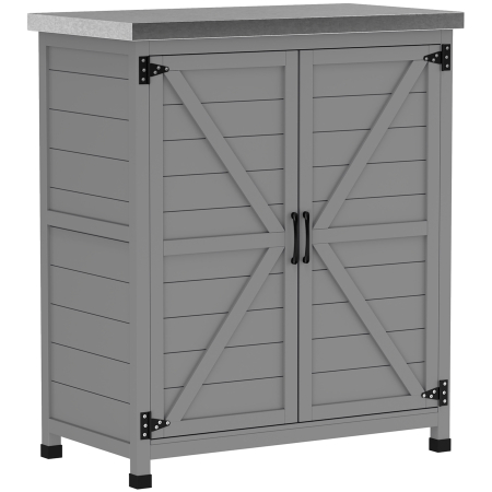 Gradina & balcon -  - Dulap de Depozitare pentru Exterior, Cutie de Depozitare din Lemn cu Blat Metalic si Rafturi, Banc de Lucru pentru Gradina cu Usi Duble, Gri