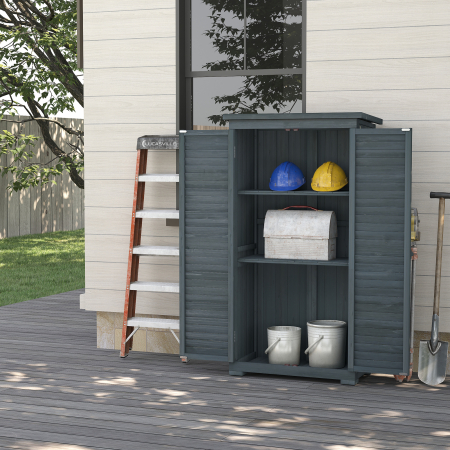  Dulap de Exterior din Lemn cu 2 Usi Tip Jaluzea si Rafturi Interne, 87x46.5x160 cm, Gri [1]