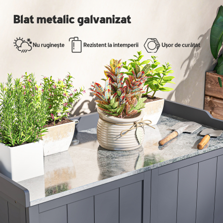  Dulap de Exterior din Lemn cu Suprafata din Metal si 2 Rafturi pentru Unelte, 98x48x95,5 cm, Gri [4]