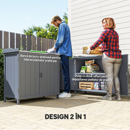  Dulap de Exterior din Lemn cu Suprafata din Metal si 2 Rafturi pentru Unelte, 98x48x95,5 cm, Gri [3]