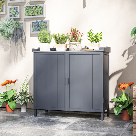  Dulap de Exterior din Lemn cu Suprafata din Metal si 2 Rafturi pentru Unelte, 98x48x95,5 cm, Gri [7]