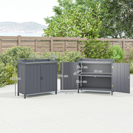  Dulap de Exterior din Lemn cu Suprafata din Metal si 2 Rafturi pentru Unelte, 98x48x95,5 cm, Gri [2]