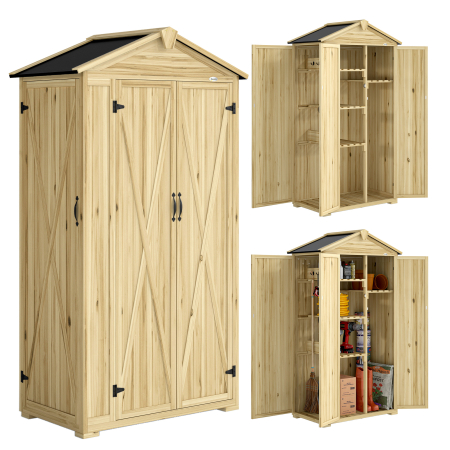 Gradina & balcon -  Dulap de Gradina cu 3 Usi, 4 Rafturi si Carlige, din Lemn de Brad, 93x53x168 cm, Culoare Lemn