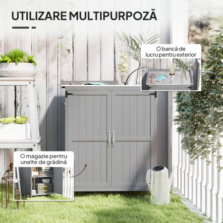 Dulap de Gradina din Lemn de Brad, Casuta pentru Depozitare Unelte de Exterior cu 2 Usi Blocabile, Blat Metalic si Raft, pentru Gradina, Terasa, Curte, 74x43x88 cm, Gri [3]