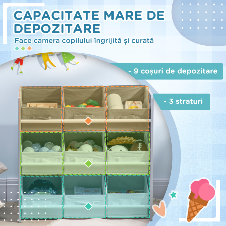 Dulap de Jucarii  cu 9 Cosuri Detasabile, Cutie de Depozitare pentru Jucarii din Lemn MDF si Material Textil [3]