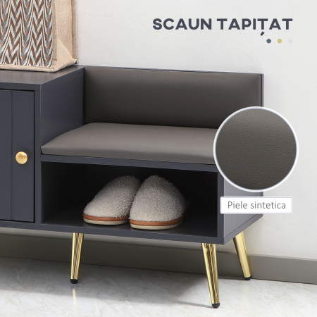 Dulap de pantofi de intrare cu scaun captusit, raft deschis si dulap, pentru 4 perechi de pantofi, lemn si metal, 80x33x49cm, gri [4]