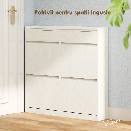  Dulap de Pantofi Slim din Lemn cu 4 Sertare Rabatabile si 2 Sertare Glisante, 98x19,2x95,3 cm, Alb [3]