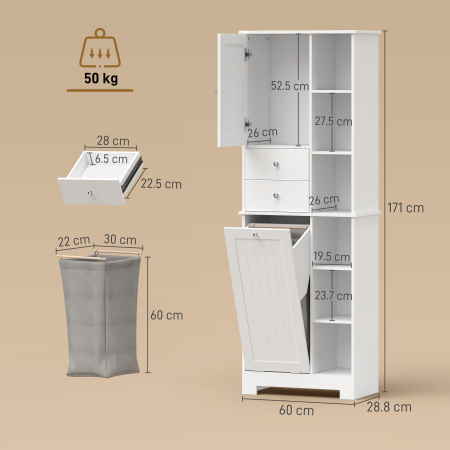 , Dulap de Podea pentru Baie, Economisitor de Spatiu, MDF, 60 x 28,8 x 171 cm, Alb [2]