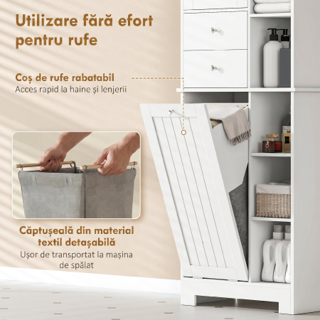 , Dulap de Podea pentru Baie, Economisitor de Spatiu, MDF, 60 x 28,8 x 171 cm, Alb [4]