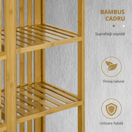  Dulap Deschis din Bambus cu 2 Usi Glisante, Rafturi Deschise si Bara pentru Umerase, 145x35x165cm [3]