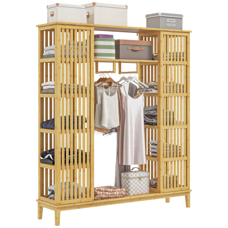 Dormitor & birou -  Dulap Deschis din Bambus cu 2 Usi Glisante, Rafturi Deschise si Bara pentru Umerase, 145x35x165cm