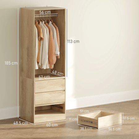  Dulap Garderoba cu Bara pentru Umerase, Raft Deschis si 3 Sertare, din Lemn, 60x48,5x185 cm, culoare Teak [2]