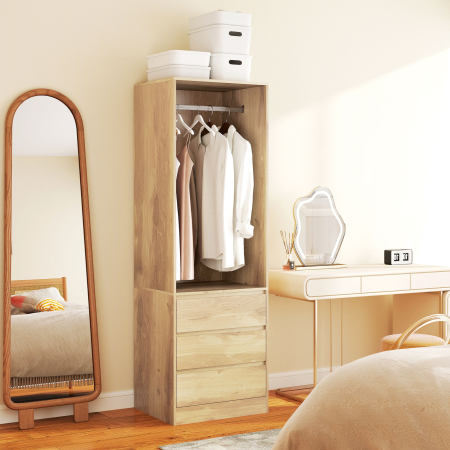  Dulap Garderoba cu Bara pentru Umerase, Raft Deschis si 3 Sertare, din Lemn, 60x48,5x185 cm, culoare Teak [1]