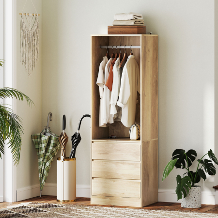  Dulap Garderoba cu Bara pentru Umerase, Raft Deschis si 3 Sertare, din Lemn, 60x48,5x185 cm, culoare Teak [5]