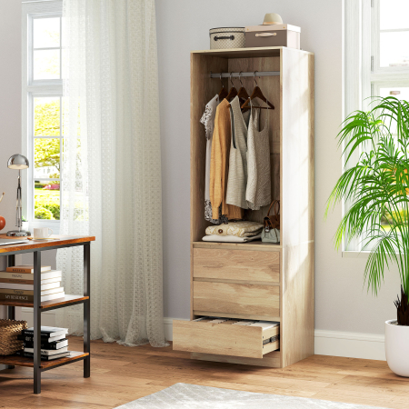  Dulap Garderoba cu Bara pentru Umerase, Raft Deschis si 3 Sertare, din Lemn, 60x48,5x185 cm, culoare Teak [7]