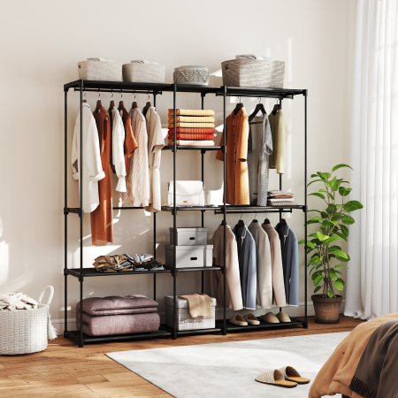  Dulap Garderoba din Material Textil cu 8 Rafturi si 3 Bare pentru Umerase, 182x43x185 cm, Negru [1]