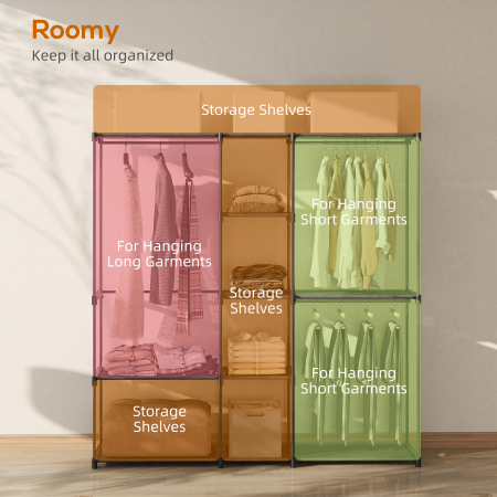  Dulap Garderoba din Material Textil cu 8 Rafturi si 3 Bare pentru Umerase, 182x43x185 cm, Negru [4]