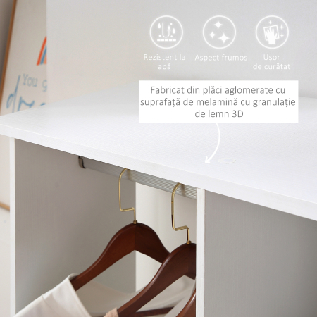  Dulap Garderoba pe Roti cu 2 Bare si 3 Rafturi Deschise, din Lemn si Aluminiu, 120x40x128 cm, Alb [3]