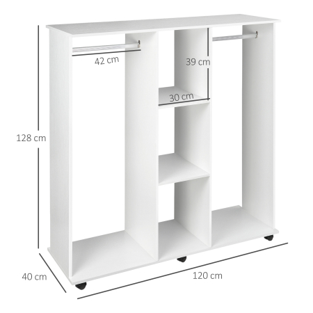  Dulap Garderoba pe Roti cu 2 Bare si 3 Rafturi Deschise, din Lemn si Aluminiu, 120x40x128 cm, Alb [2]
